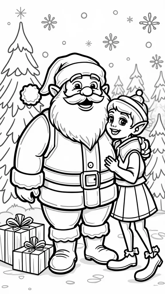 Páginas para colorear de Santa Claus y Elfo